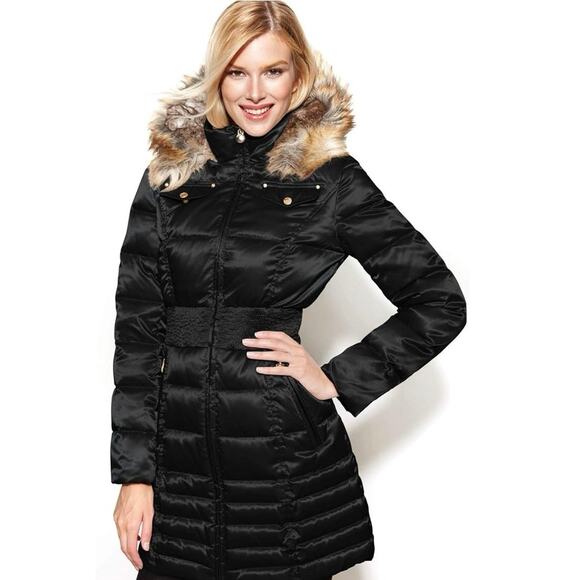 Laundry Shelli Segal Dark Navy Blue Faux Fur Down Cinched Puffer Coat womens M - Picture 8 of 17